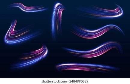 Big set neon sparks light trail, fire flare, expressway concept. Modern abstract high-speed light motion effect on black background.	