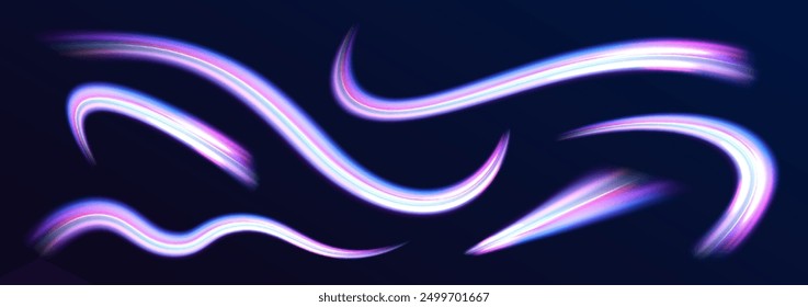 Gran conjunto de chispas de neón rastro de luz, llamarada de fuego, concepto de autopista. Efecto de movimiento de luz de alta velocidad abstracto moderno sobre fondo negro.	