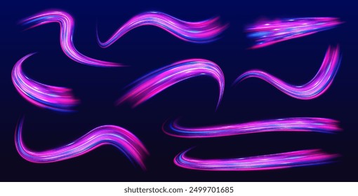 Gran conjunto de chispas de neón rastro de luz, llamarada de fuego, concepto de autopista. Efecto de movimiento de luz de alta velocidad abstracto moderno sobre fondo negro.	