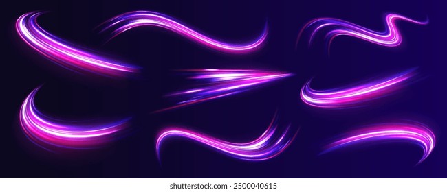 Big set neon sparks light trail, fire flare, expressway concept. Modern abstract high-speed light motion effect on black background.	