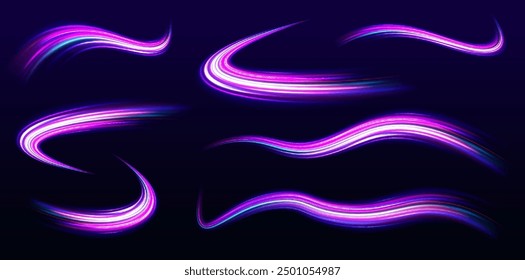 Gran conjunto de chispas de neón rastro de luz, llamarada de fuego, concepto de autopista. Efecto de movimiento de luz de alta velocidad abstracto moderno sobre fondo negro.	