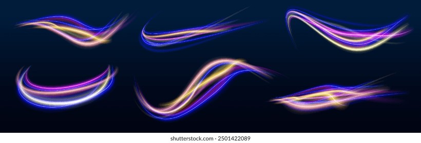 Big set neon sparks light trail, fire flare, expressway concept. Modern abstract high-speed light motion effect on black background.	