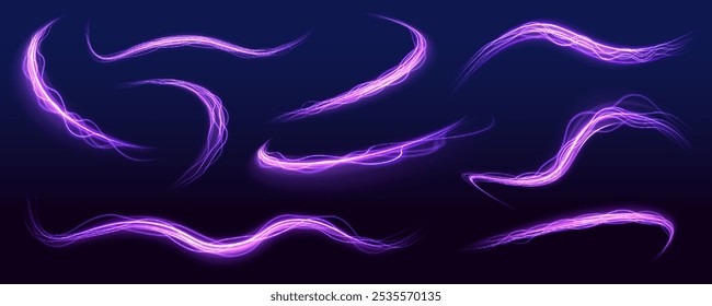 Gran conjunto de chispas de neón rastro de luz, llamarada de fuego, concepto de autopista. Imagen Abstractas del movimiento de la velocidad en la carretera. Vector brillo luz fuego bengala traza.	
