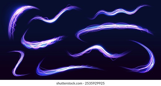 Big set neon sparks light trail, fire flare, expressway concept. Abstract image of speed motion on the road. Vector glitter light fire flare trace.	

