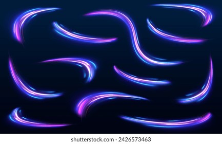 Big set of neon speeds in the form of a road of different light colors. Rotating dynamic neon circle. Colored shiny sparks of spiral wave. Expressway, the effect of car headlights.