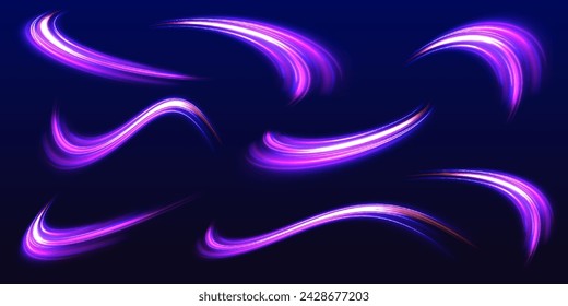 Big set of neon speeds in the form of a road of different light colors. Speed connection vector background. Light and stripes moving fast over dark background.