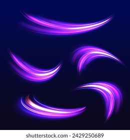 Big set of neon speeds in the form of a road of different light colors. Speed connection vector background. Light and stripes moving fast over dark background.