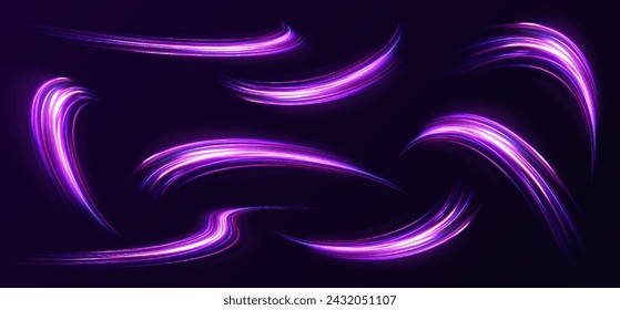 Big set of neon speeds in the form of a road of different light colors. Rotating dynamic neon circle. Colored shiny sparks of spiral wave. Expressway, the effect of car headlights.