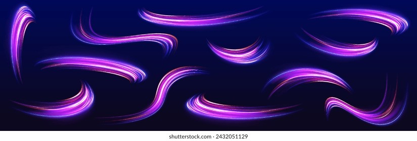 Big set of neon speeds in the form of a road of different light colors. Speed connection vector background. Light and stripes moving fast over dark background.