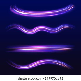 Big set of neon speeds in the form of a road of different light colors. High-speed light line in the form of a road and a highway in a night city. 