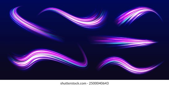 Big set of neon speeds in the form of a road of different light colors. High-speed light line in the form of a road and a highway in a night city. 