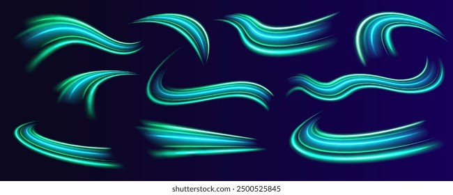 Big set of neon speeds in the form of a road of different light colors.Neon stripes in the form of drill, turns and swirl. Illustration of high speed concept. Image of speed motion on the road. 