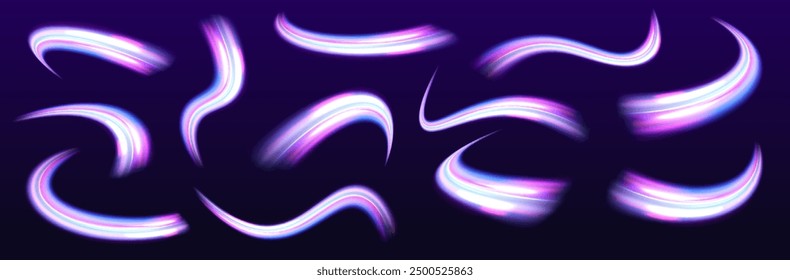 Big set of neon speeds in the form of a road of different light colors. High-speed light line in the form of a road and a highway in a night city. 