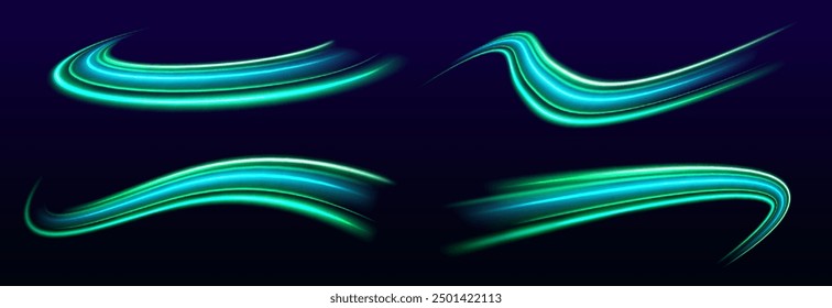 Gran conjunto de velocidades de neón en forma de una carretera de diferentes colores de luz. Rayas de neón en forma de taladro, giros y remolinos. Ilustración del concepto de alta velocidad. Imagen del movimiento de la velocidad en la carretera. 