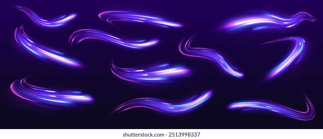 Big set of neon speeds in the form of a road of different light colors. Speed connection vector background. Light and stripes moving fast over dark background.	