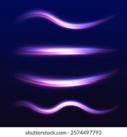 Big set of neon speeds in the form of a road of different light colors. Neon swirls with light effect in the form of a spiral.	