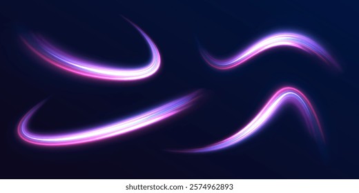 Big set of neon speeds in the form of a road of different light colors. Neon swirls with light effect in the form of a spiral.	