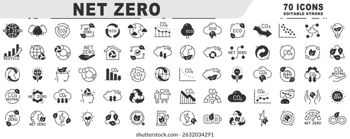 Big set of net zero related black line icons. Editable stroke