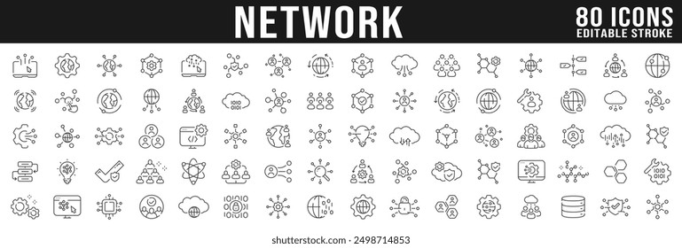 Big set of network related line icons. Connection, internet, communication, teamwork, access etc. Editable stroke