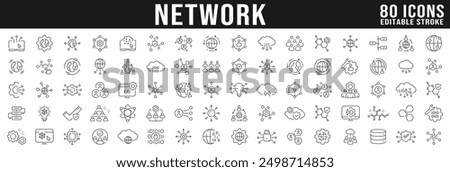 Big set of network related line icons. Connection, internet, communication, teamwork, access etc. Editable stroke