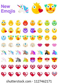 Big Set of New Modern Emojis, Emoticons Flat Vector Illustration Symbols. Variety of Emotions. Clowns, Cyclops, Devils, Lips, Skulls, Unicorns, Hearts, Crowns