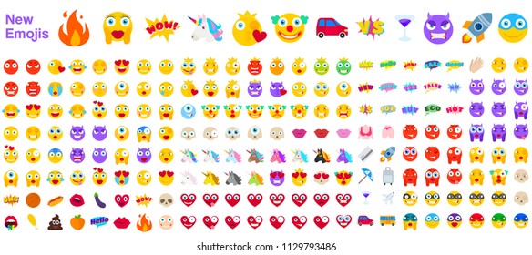 Big Set of New Modern Emojis. Emoticons Flat Vector Illustration Symbols. All World Emotions in Yellow, Red, and Violet Expressions. Hearts, Skulls, Vacation, Sale, New, Versus, Unicorns, Clowns