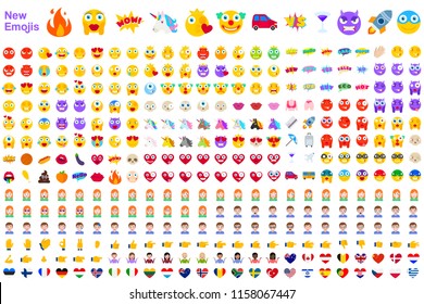 Big Set of New Modern Emojis. Emoticons Flat Vector Illustration Symbols. All World Emotions in Yellow, Red, and Violet Expressions. Hearts, Skulls, Vacation, Sale, New, Versus, Unicorns, Clowns