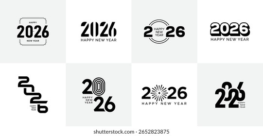  big set of new year 2026 logo designs in black and white 2026 creative typography logo collection on white background festive or celebration logo design set
