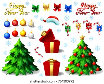 Big set of New Year attributes and Lettering. Fir-tree, sheres, gift box and candy canes. A vector full-color illustration in cartoon style, separately on a white background