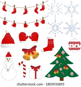 Big set with New Year, Christmas, Noel elements like a christmas tree, bells, snowflaks, snowmen, cap, mittens, sock, present box, ball and candy cane