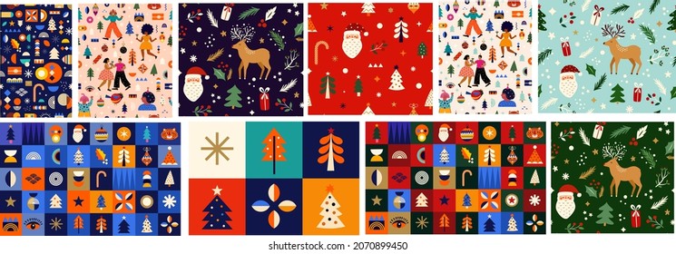 Big set of New Year and Christmas seamless patterns with holiday symbols and elements. Christmas and New Year vector backgrounds