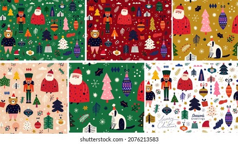 Big set of New Year and Christmas seamless patterns with holiday symbols and elements. Christmas and New Year vector backgrounds