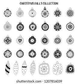 Big set of New Year decorations. Hand drawn Christmas balls collection. Vector illustration.