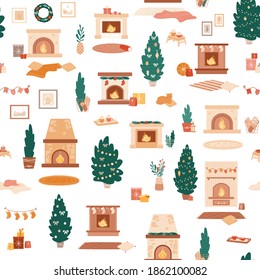 Big set of New Year objects. Fireplace, Christmas tree, gift boxes, cozy home decor, sleeping cat on pillow and blanket. Cute vector illustration for season's holiday card, package, textile, wrapping.