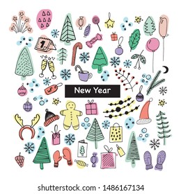 Big set of New Year and Xmas icons in color. Cute hand drawn vector illustration. Winter elements  for greeting cards, posters, stickers and seasonal design.  Isolated on white background