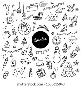 Big set of New Year and Xmas icons. Cute hand drawn vector illustration. Winter elements for greeting cards, posters, stickers and seasonal design. Isolated on white background