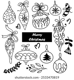 Big set of New Year and Xmas icons. Cute hand drawn vector illustration. Winter elements for greeting cards, posters, stickers and seasonal design. Isolated on white background
