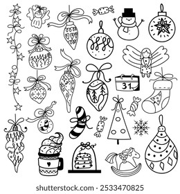 Big set of New Year and Xmas icons. Cute hand drawn vector illustration. Winter elements for greeting cards, posters, stickers and seasonal design. Isolated on white background