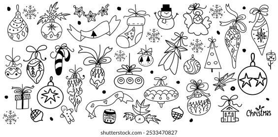 Big set of New Year and Xmas icons. Cute hand drawn vector illustration. Winter elements for greeting cards, posters, stickers and seasonal design. Isolated on white background