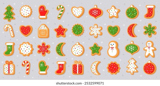 Big set of New Year's gingerbread cookies. Gingerbread man, house, christmas tree, candy, gift box, mitten, sock, snowflake, ball, heart. Homemade Christmas cookies with colorful sweet sugar glaze.