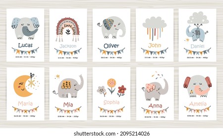 Big set of newborn metric with elephants. Height, weight, date of birth, name. Perfect for kids bedroom, nursery decoration, posters