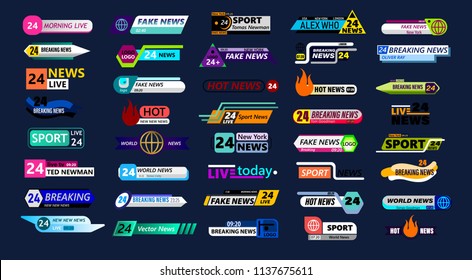 Big set of news bar isolated on blue background. Live, sport, fake, online news etc. Vector illustration