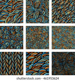 Big set of nine seamless backgrounds, wave pattern, vector illustration