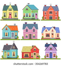 big set of nine vector illustration of cute colorful houses. vector flat buildings illustration
