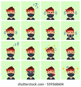Big set of ninja character emoticons. Ninja avatars showing different facial expressions. Happy, sad, smile, laugh, surprised, sleepy, angry, in love and other emotions. Simple vector illustration