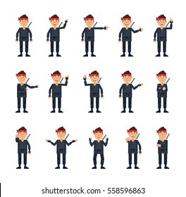 Big set of ninja characters showing different hand gestures. Cheerful ninja showing thumb up, greeting, pointing, stop, victory sign and other hand gestures. Simple vector illustration
