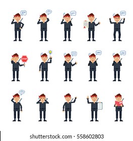 Big set of ninja characters showing different actions, gestures, emotions. Cheerful ninja talking on phone, holding stop sing, reading a book and doing other actions. Simple vector illustration