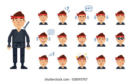 Big set of ninja emoticons. Ninja avatars showing different facial expressions. Happy, sad, smile, laugh, surprised, serious, dizzy, sleepy, in love and other emotions. Simple vector illustration