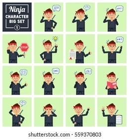 Big set of ninja emoticons showing different actions, gestures, emotions. Cheerful ninja talking on phone, holding stop sign, document, book and doing other actions. Simple vector illustration