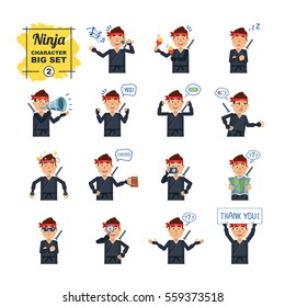 Big set of ninja emoticons showing different actions, gestures, emotions. Cheerful ninja singing, sleeping, holding loudspeaker, banner, beer, map and doing other actions. Simple vector illustration